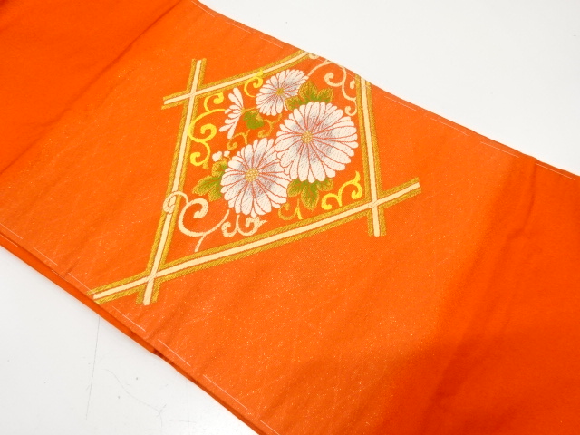 斜め格子に花唐草模様織り出し　名古屋帯